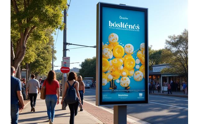 Modern digital billboard displaying a local cafe ad in a bustling Australian suburb, with people walking by